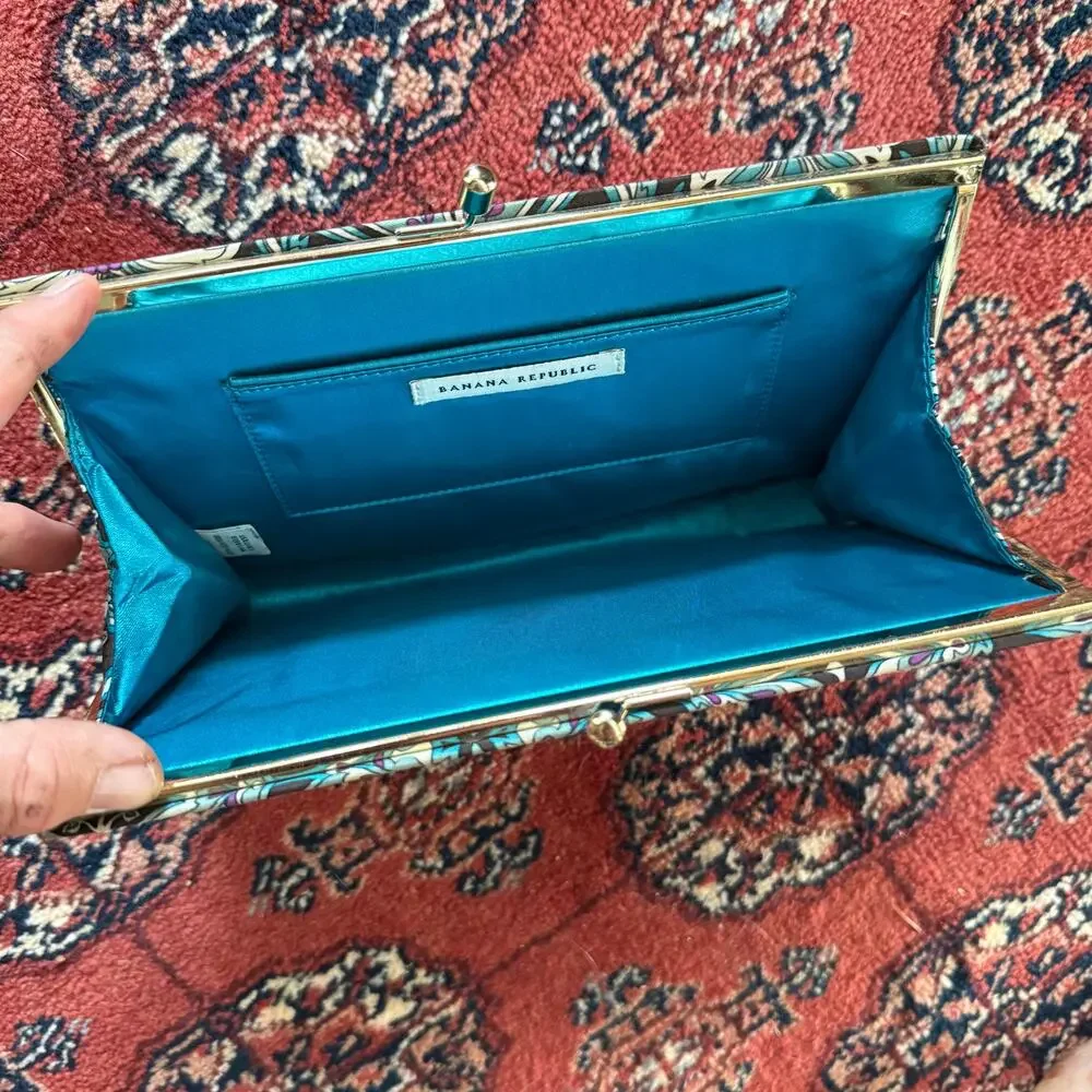 Banana Republic 100% Silk‎ Peacock Blue Floral Slim Clutch SUPER CLEAN